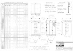 Bottom removal cartridge collector drawing for CAMCORP models 8SFBH45x64-35P to 16SFBH84x256-45P