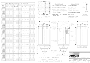 Top removal cartridge collector drawing for CAMCORP models 8SFTR45x64-35P to 16SFTR84x256-45P