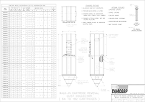 Walk in top removal cartridge dust collector drawing for CAMCORP models 8SFW145x64-35P to 16SFW184x256-45P
