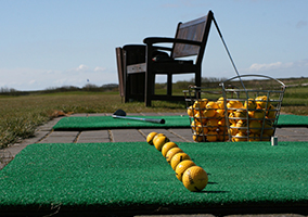 yellow golf balls set up in a line at driving range